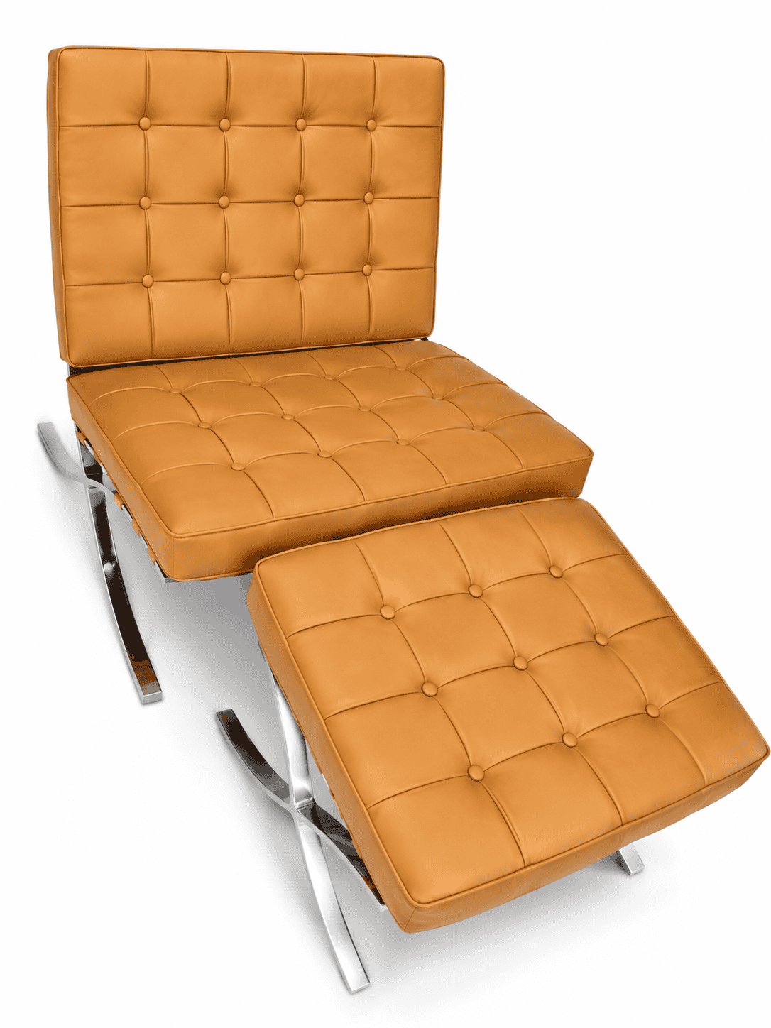 Barcelona sofa with matching ottoman in caramel leather and chrome frame.