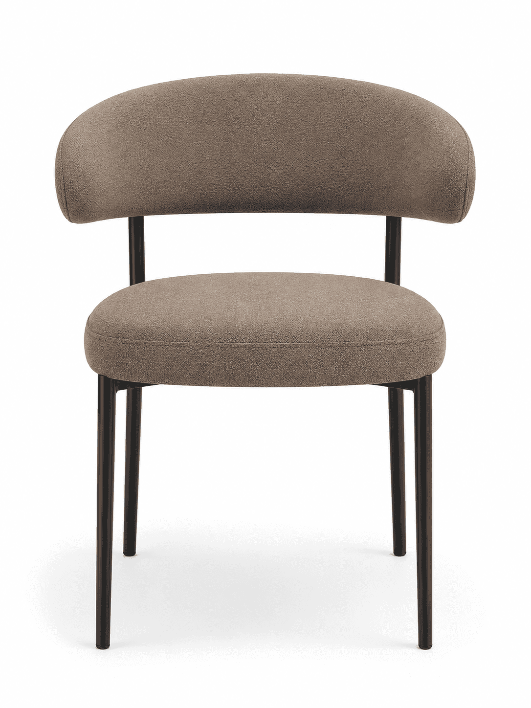 Modern C-Curved Dining Chair with beige upholstery and black metal legs.