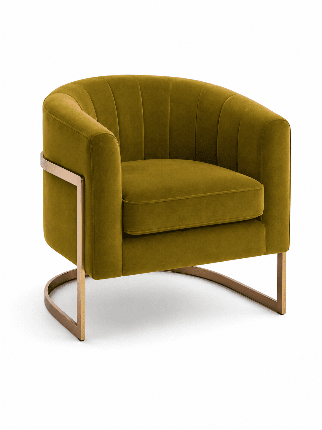 C-curved velvet accent chair in olive green with gold metal legs.