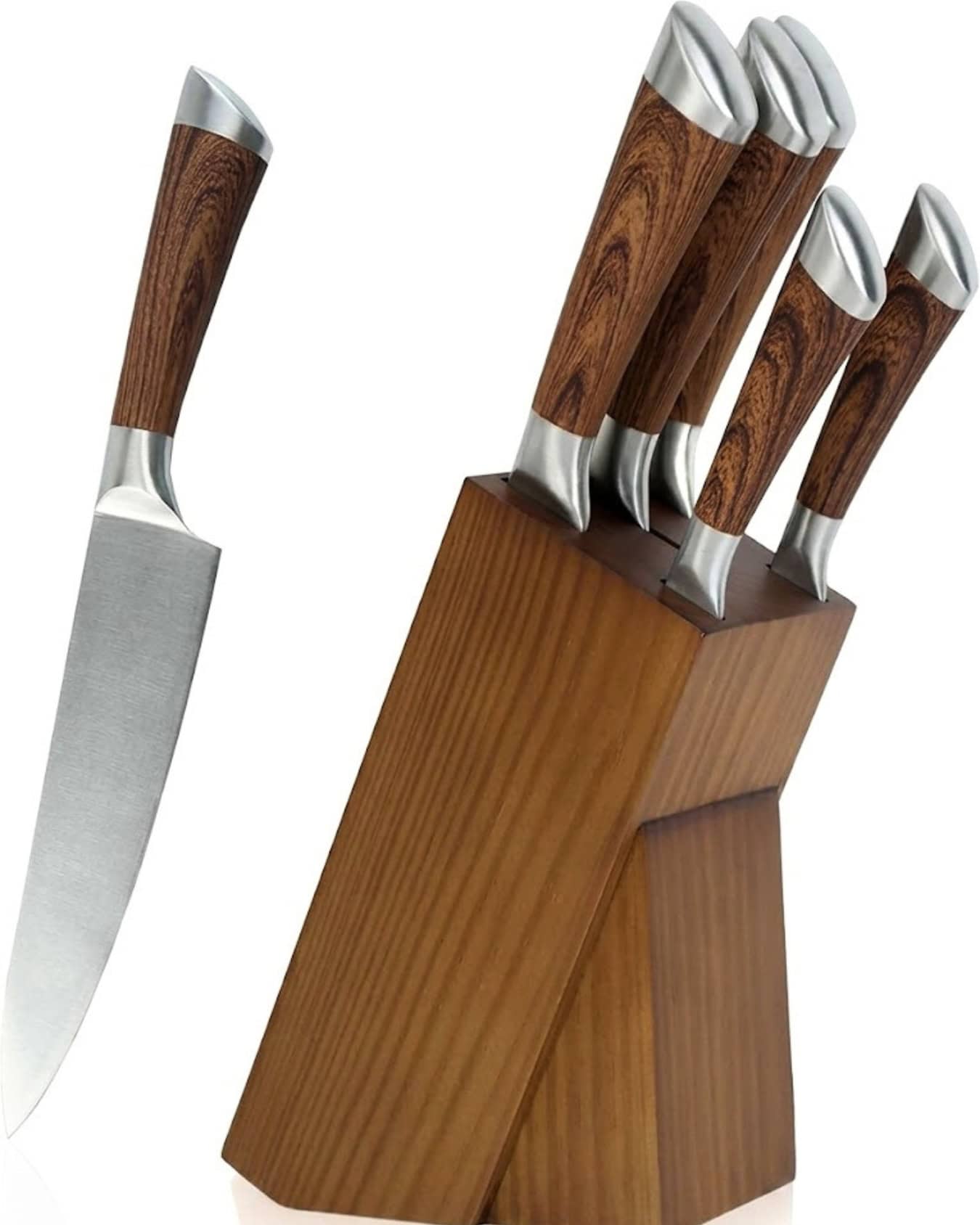 Royalford 5 Piece Kitchen Knife Wood Coating Handle with Wooden Knife Holder