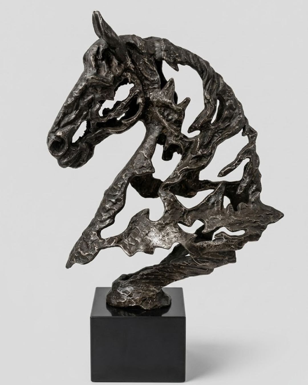 Black Aluminium Skeleton Horse Head on Marble Stand