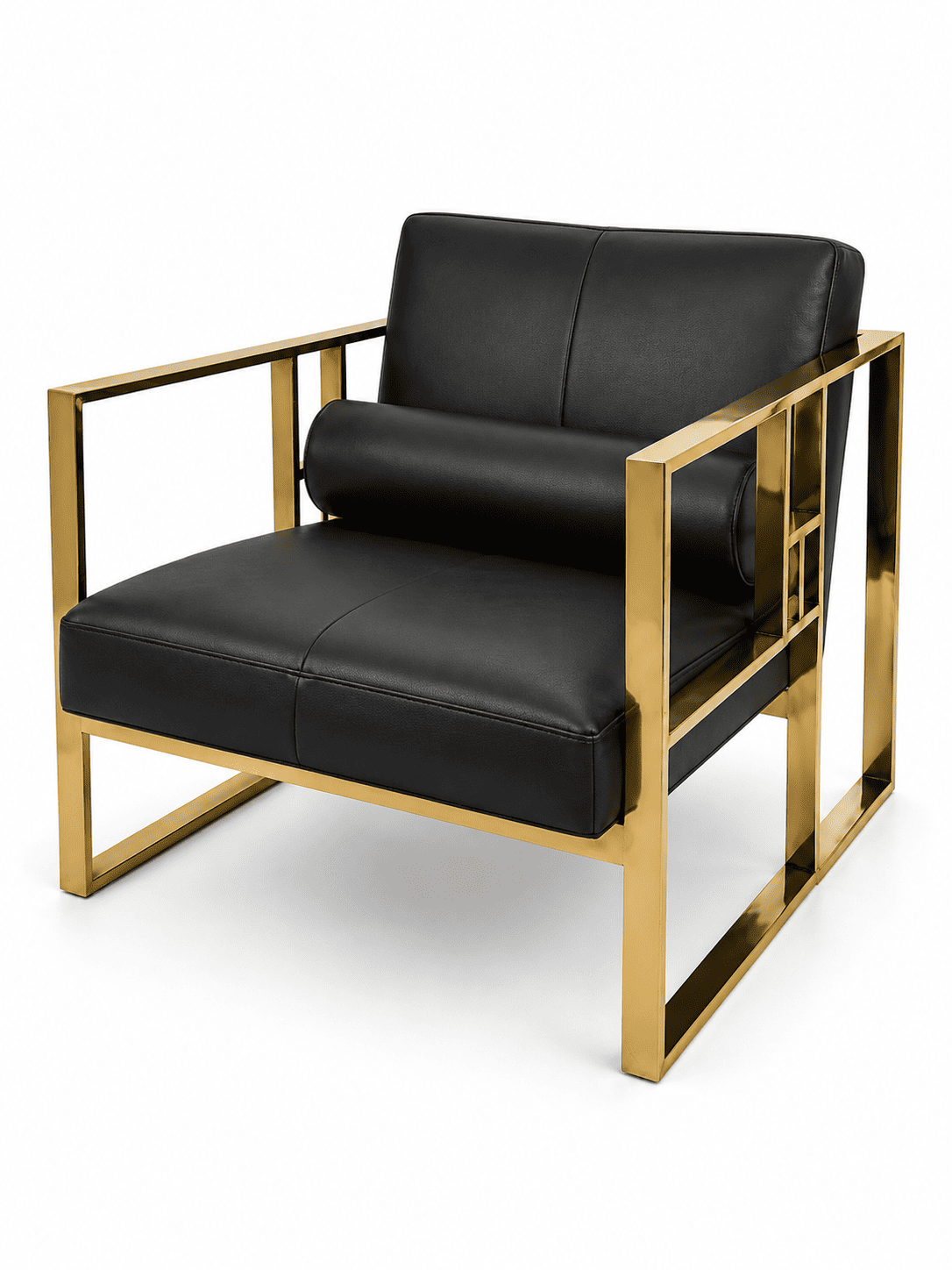 Modern black leather chair with gold metal frame for stylish home decor.