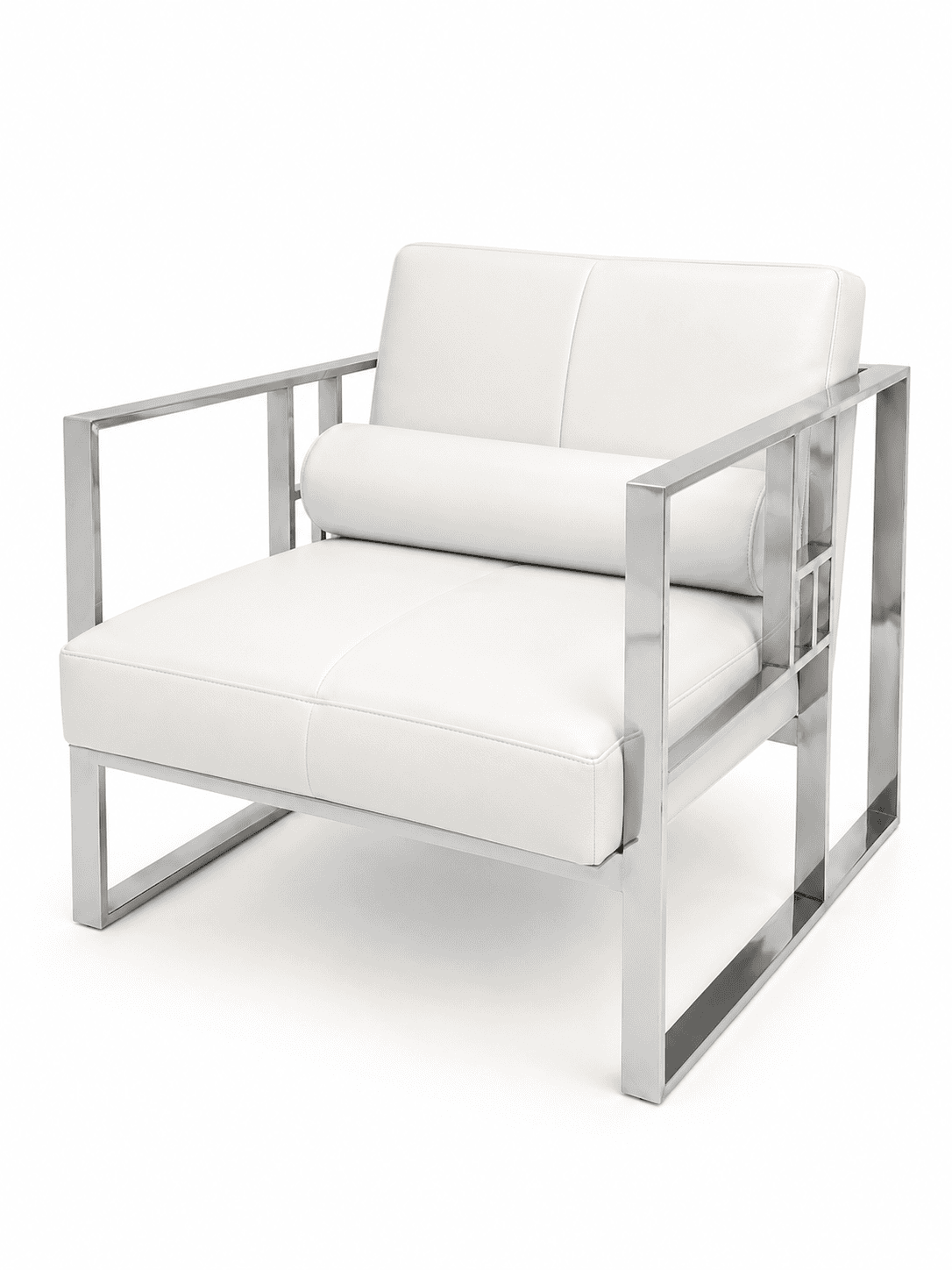 Modern white armchair with metal frame for stylish home decor.