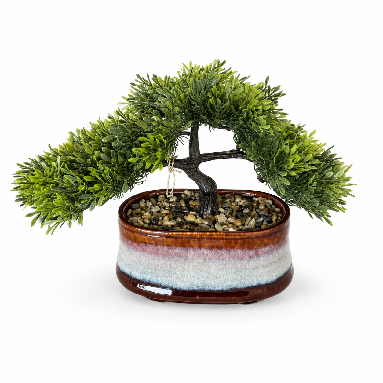 Green Bonsai Tree In Brown And Grey Pot