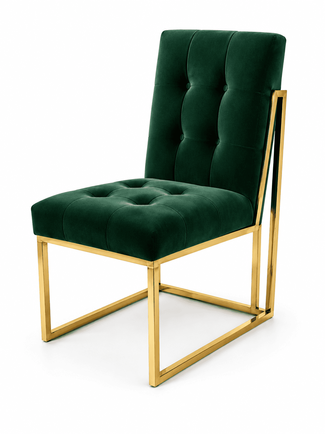 Elegant green velvet dining chair with gold metal frame for modern interiors.