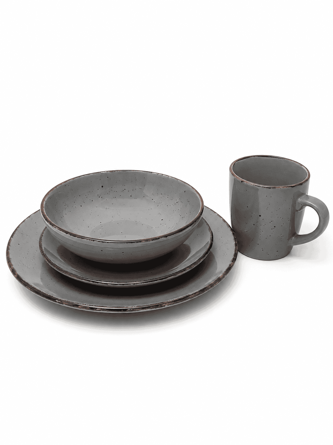 Set of grey speckled dinnerware including plates, bowls, and mug for stylish dining.