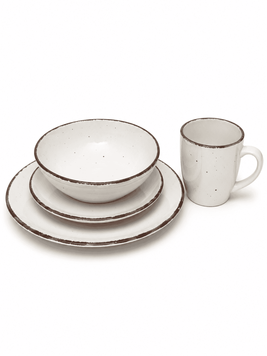 White speckled dinnerware set with bowls, plates, and mug for stylish dining.