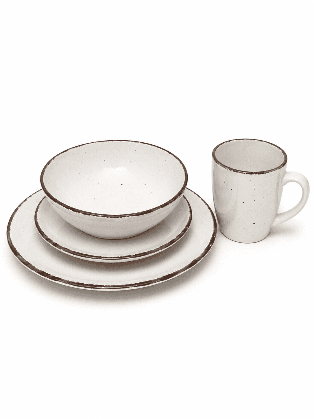 White speckled dinnerware set with bowls, plates, and mug for stylish dining.