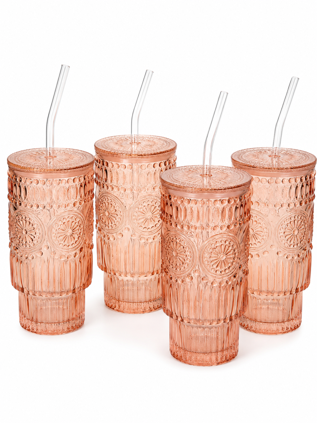 4PK Peach Boho Tumblers with textured glass, lids and reusable straws
