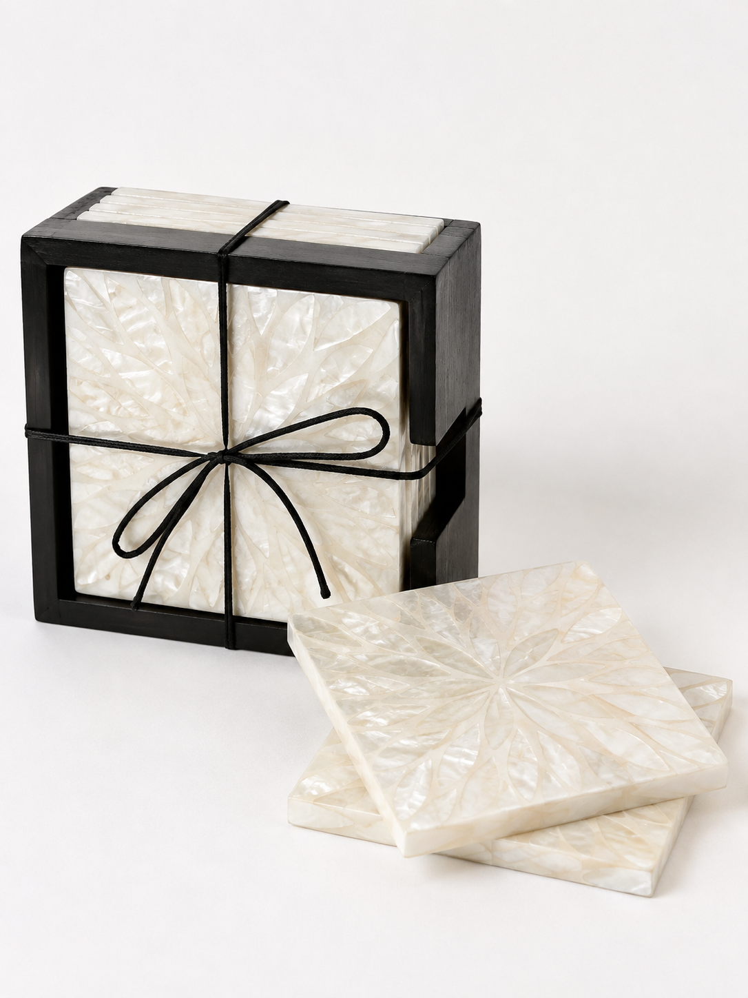 6 Pack Of White Mother Of Pearl Coasters Set with dark holder