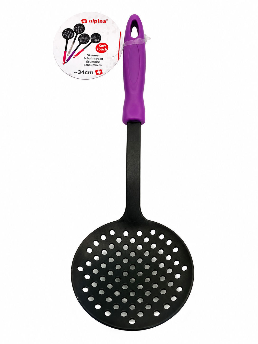 Alpina 34cm black skimmer spoon with purple soft touch handle