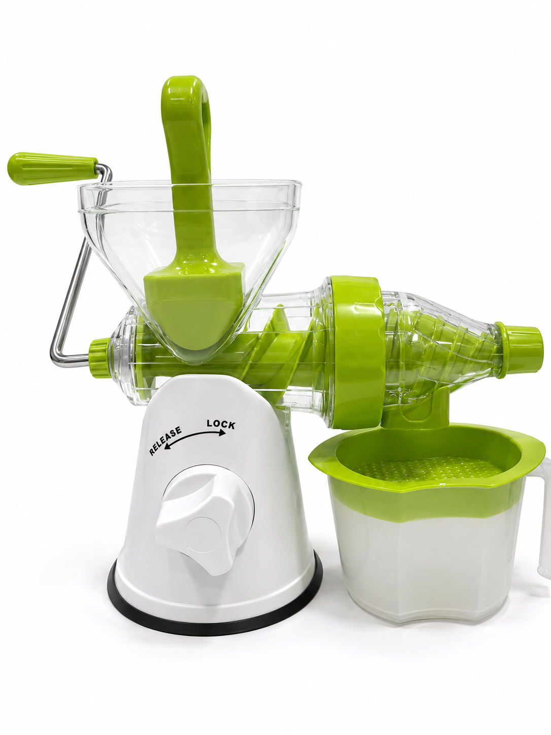 Apollo manual juicer in green and white with juice collection container