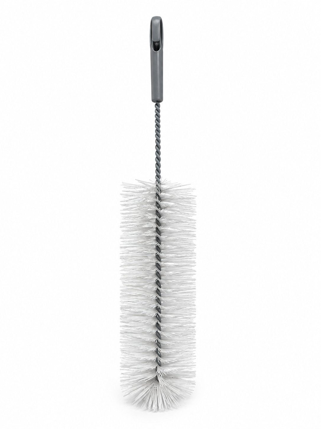 Big bottle cleaning brush with long grey handle and white bristles
