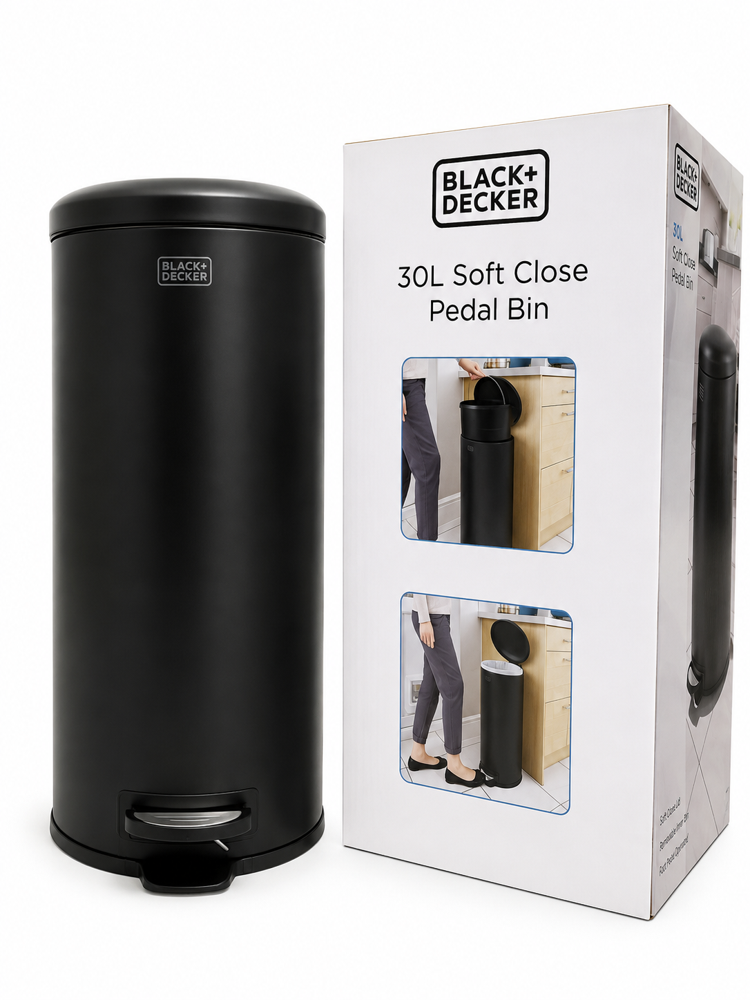 Black + Decker 30L Black Soft Close Pedal Bin