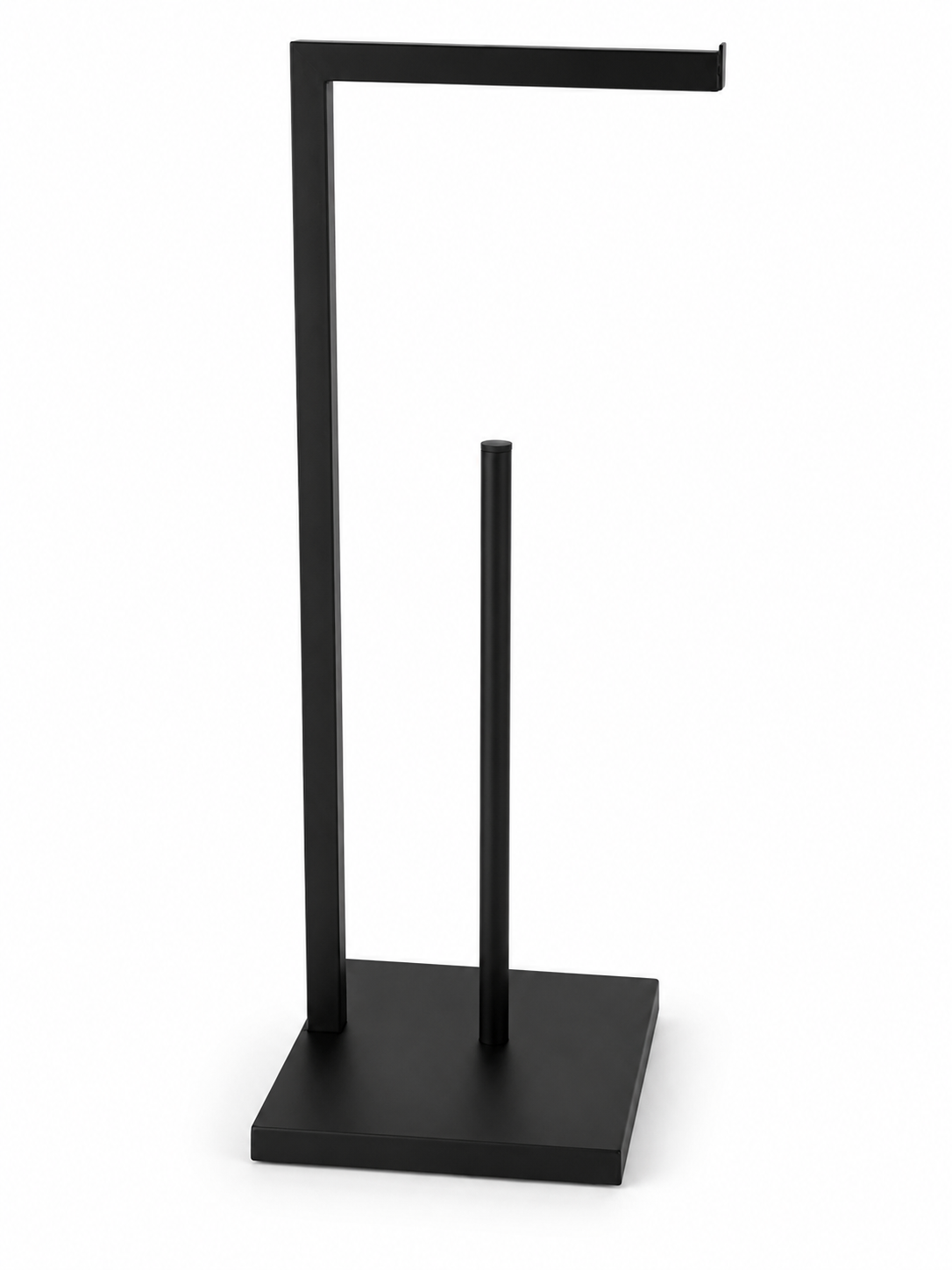 Black metal freestanding toilet roll holder with spare roll storage
