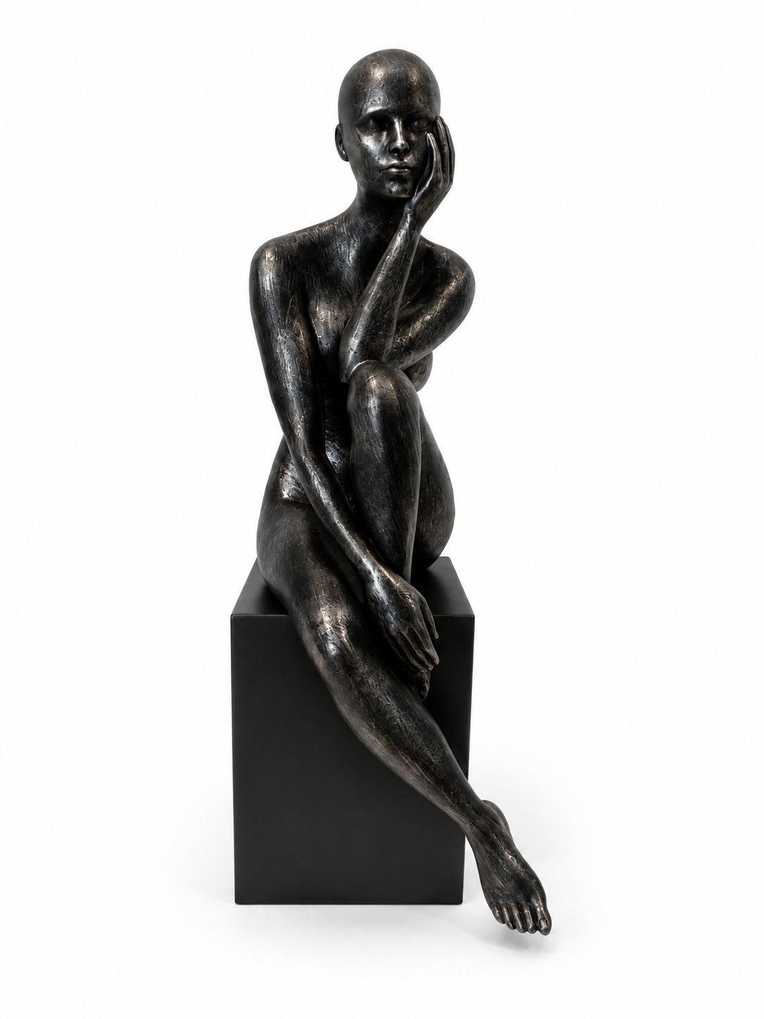 Dark Grey Woman Sitting Sculpture On Black Marble Base