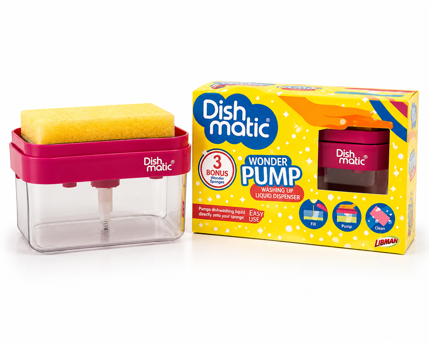 Dishmatic Wonder Pump washing up liquid dispenser with 3 Wonder Sponges