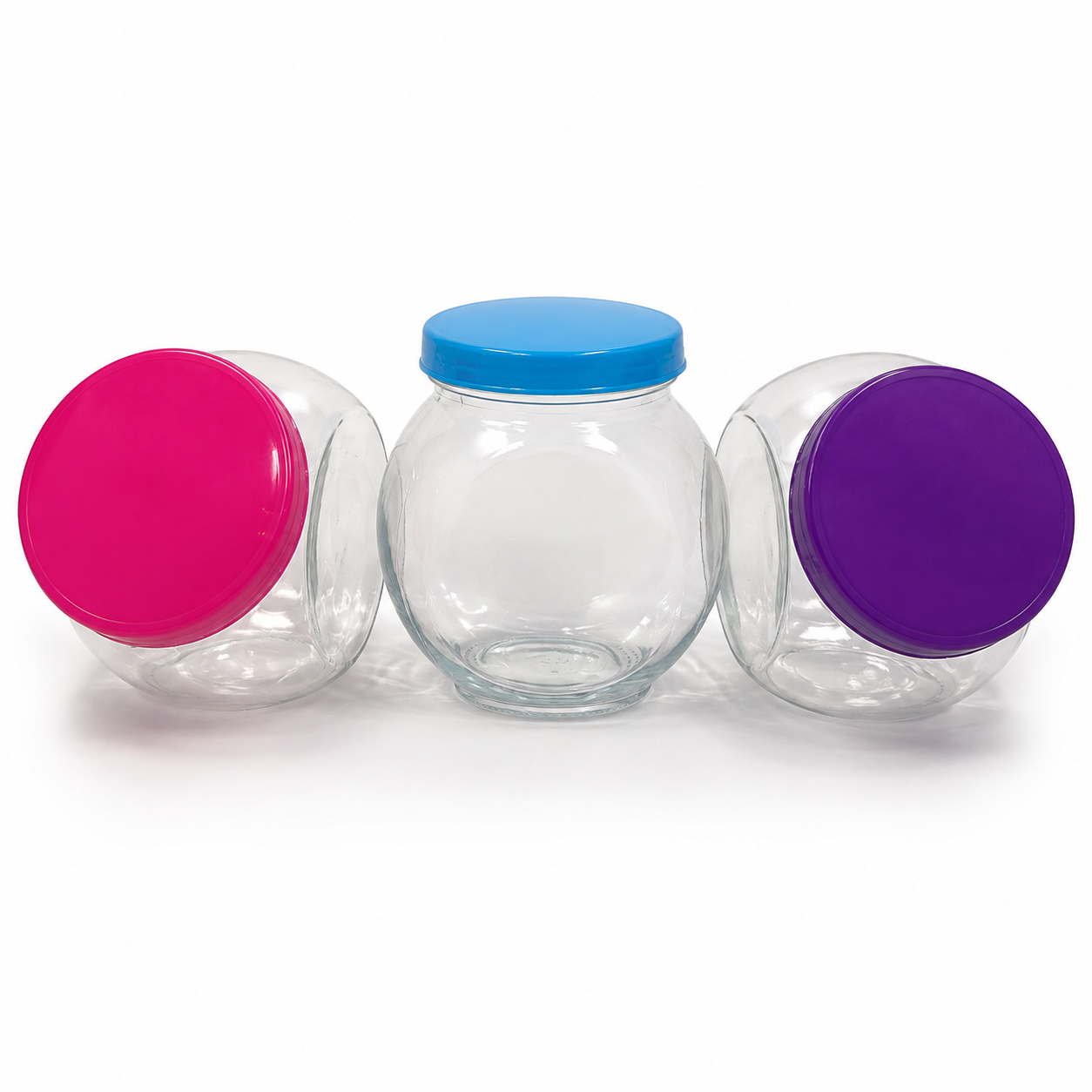 Clear glass sweet jar with colourful pink blue and purple lids