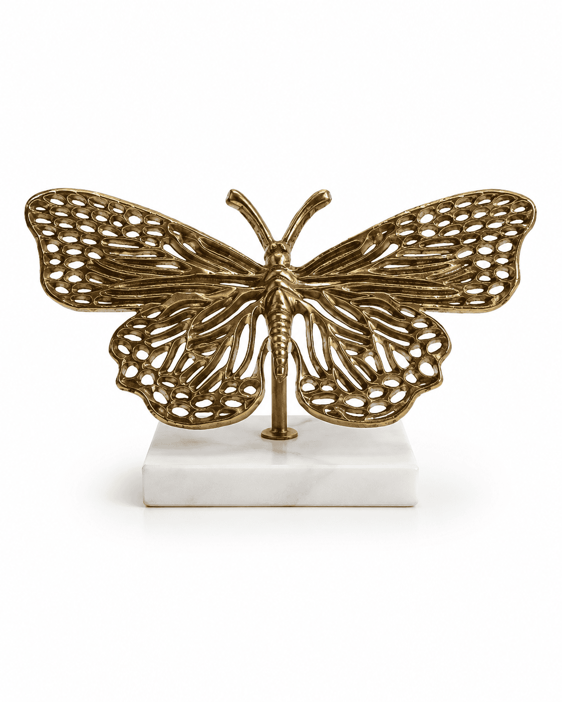 Gold butterfly decorative sculpture on white marble base