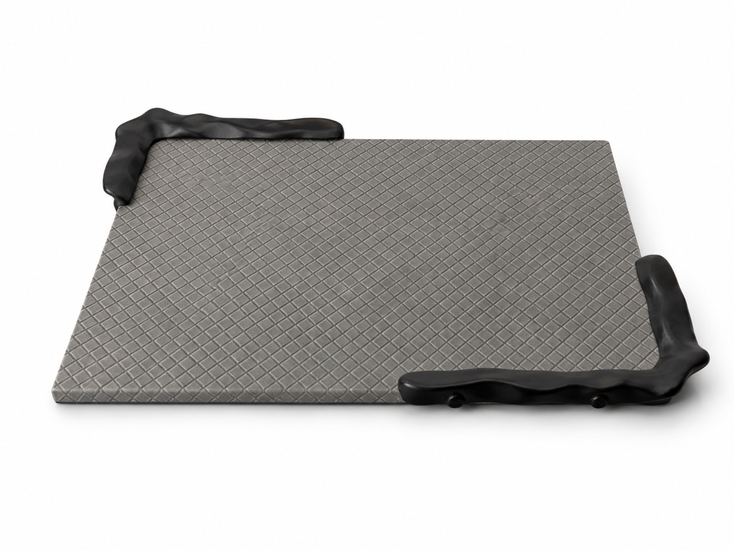 Grey Textured Rectangular Tray With Half Black Handles
