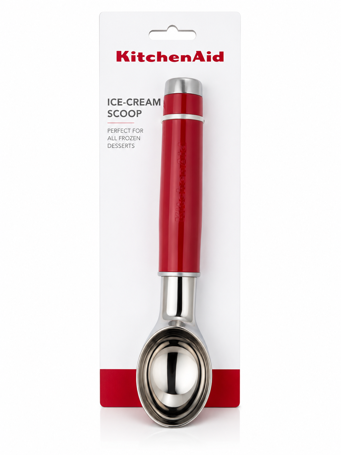 KitchenAid ice cream scoop with red handle and stainless steel scoop