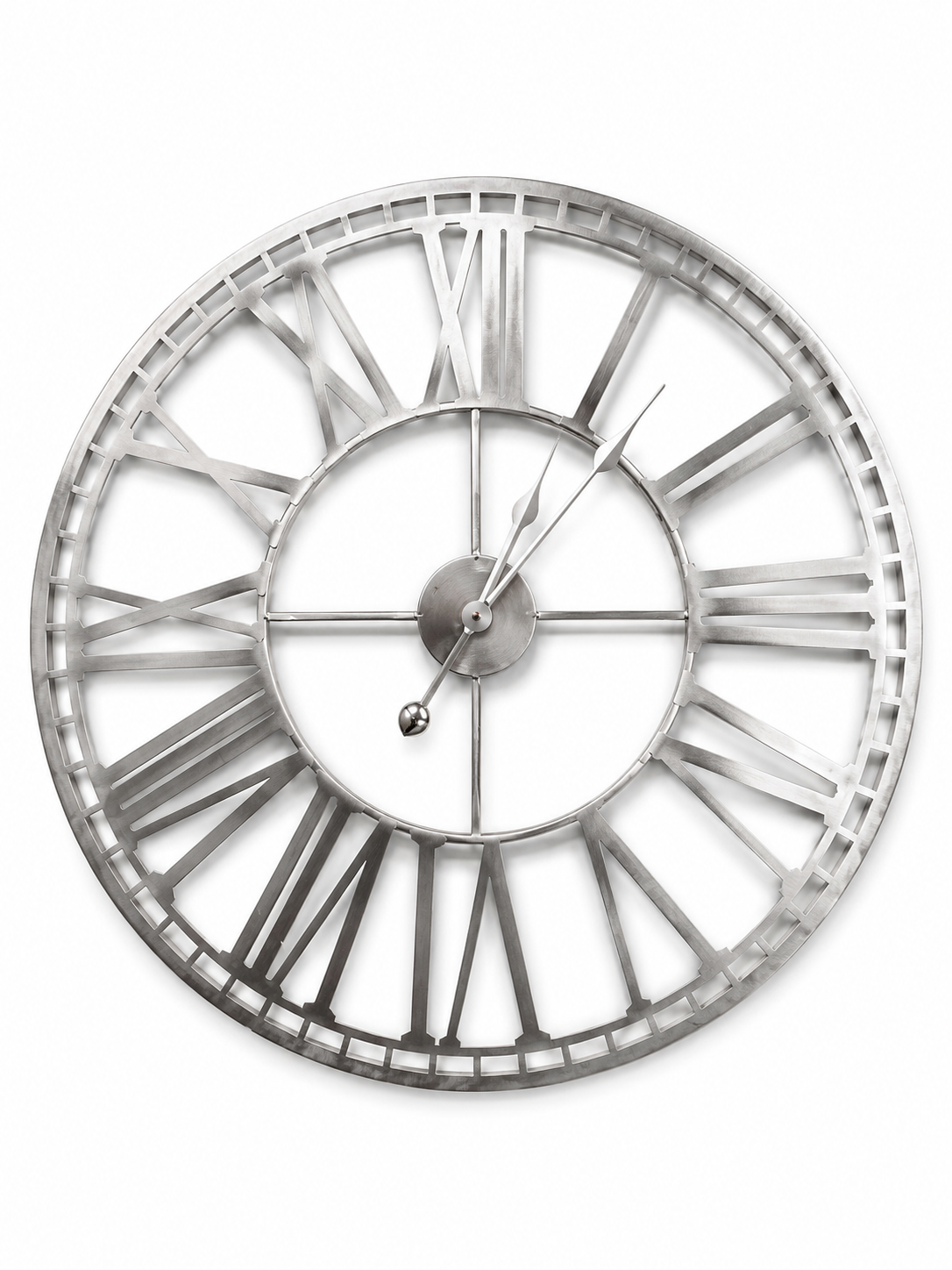 Large silver skeleton wall clock with Roman numerals and open-frame design