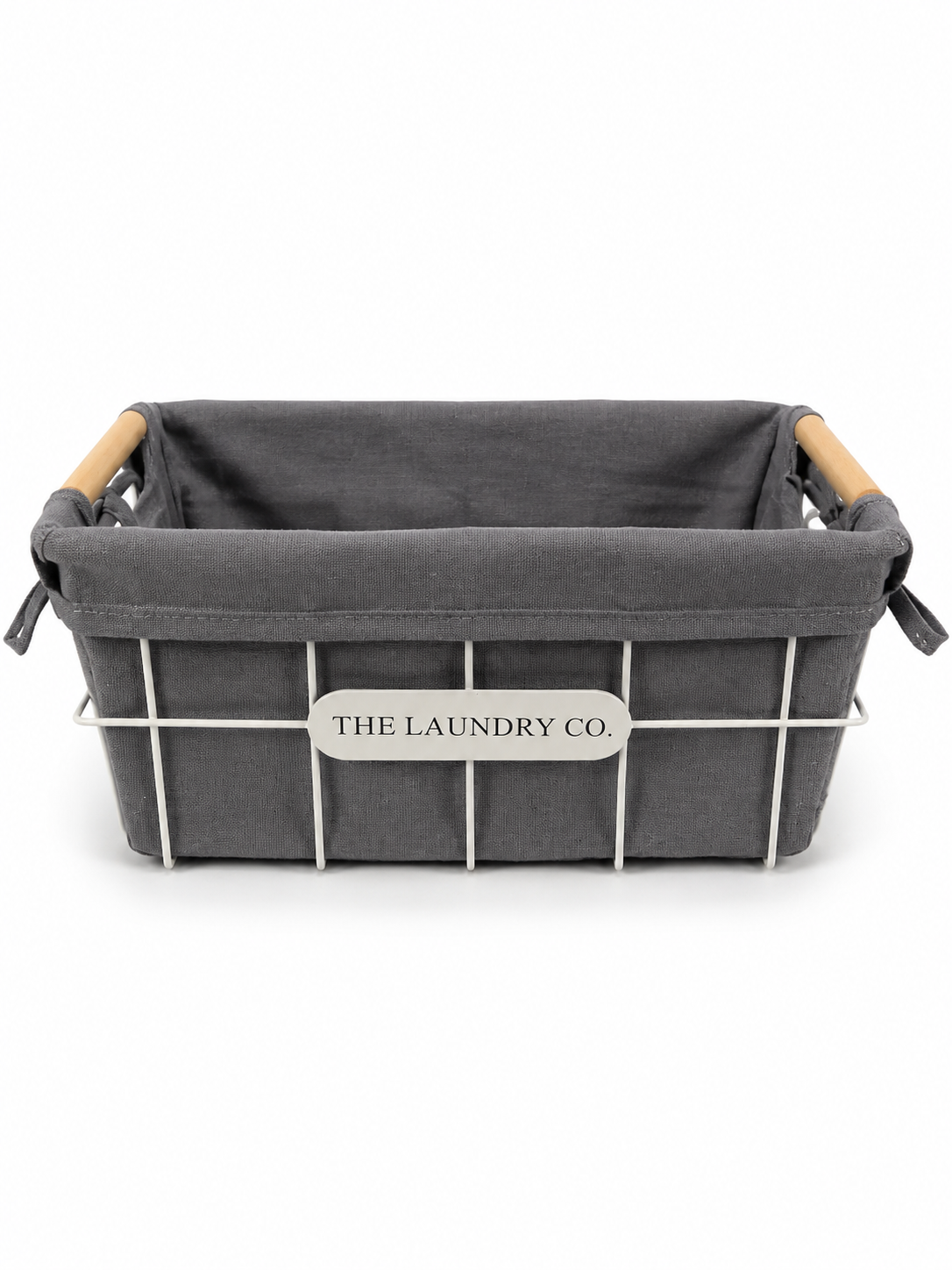 Laundry Co. Grey wire basket with wooden handle and grey fabric liner