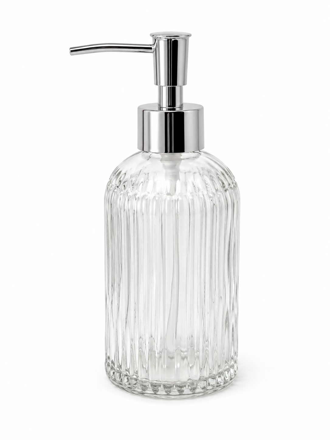 Plain 400ml ribbed glass soap dispenser with chrome pump