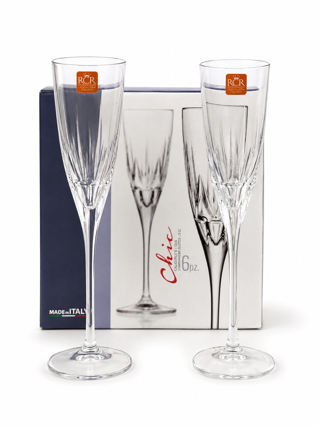 RCR Chic 6 Piece Champagne Flute Glass Set Made in Italy