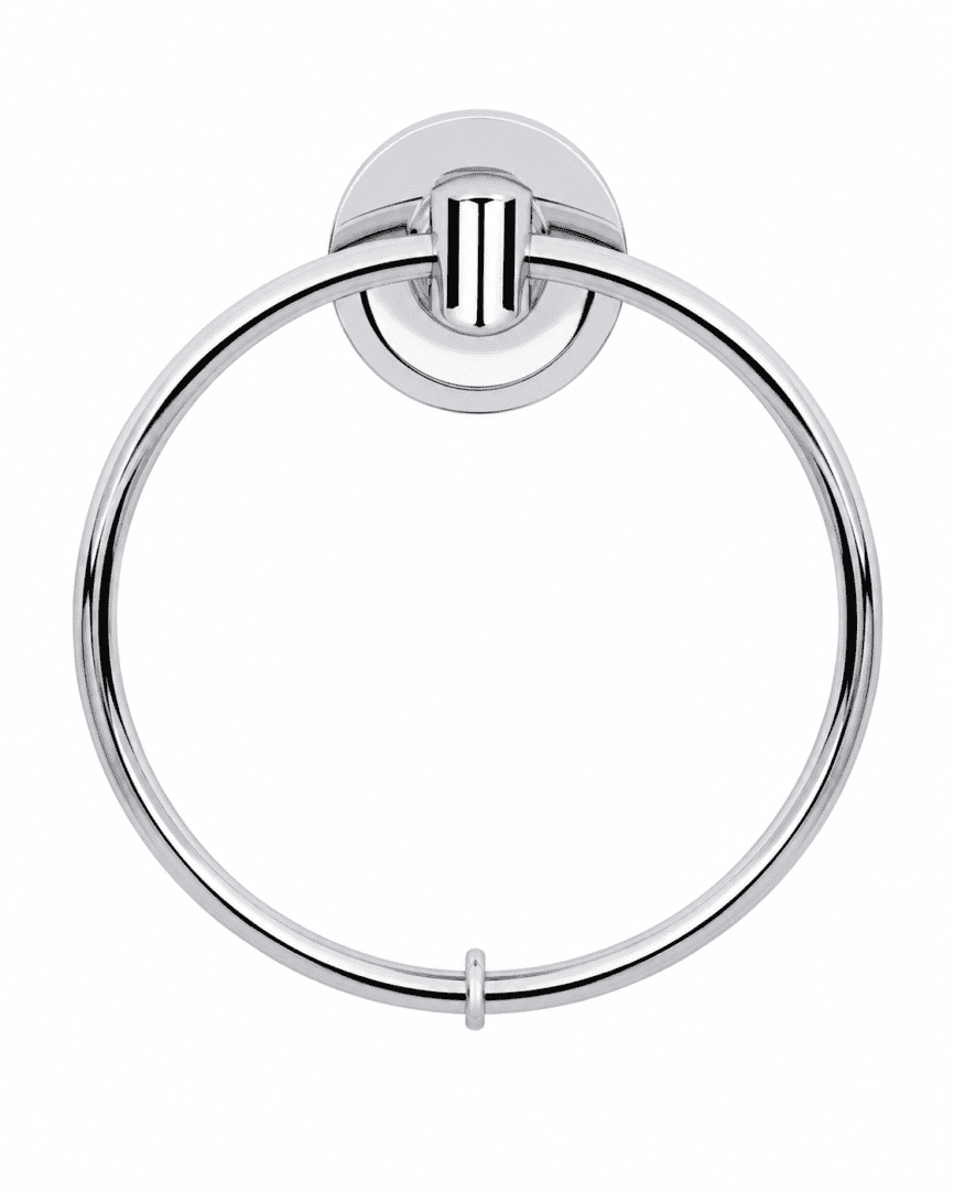 Shiny chrome towel ring with wall mount for bathroom decor.