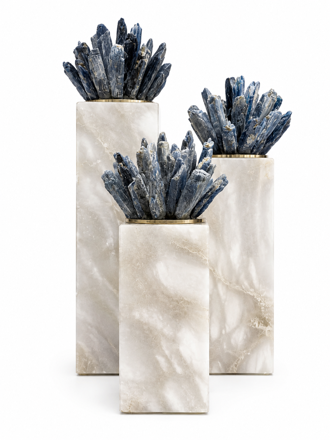 Set Of 3 Crystal Starbust Ornament On White Rectangular Marble Stand