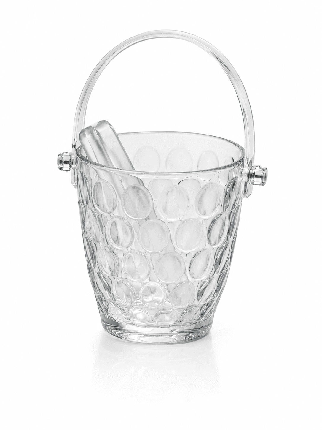 Clear glass ice bucket with handle and textured bubble design for chilling drinks.
