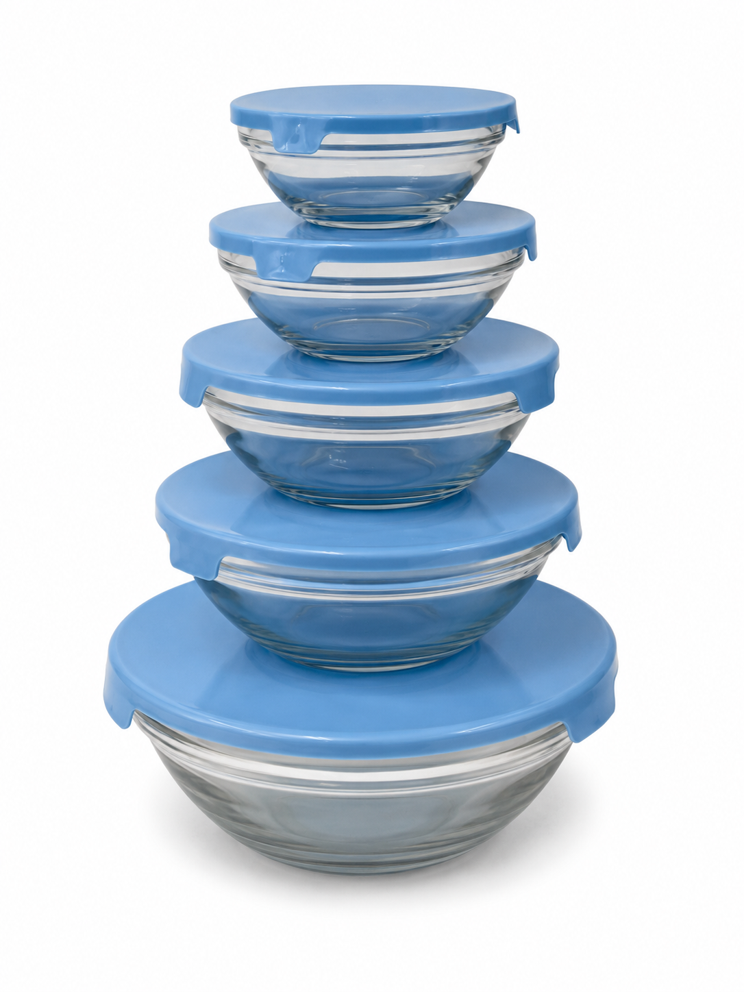 Urban Living 5pc Glass Bowl + Lid set with blue lids