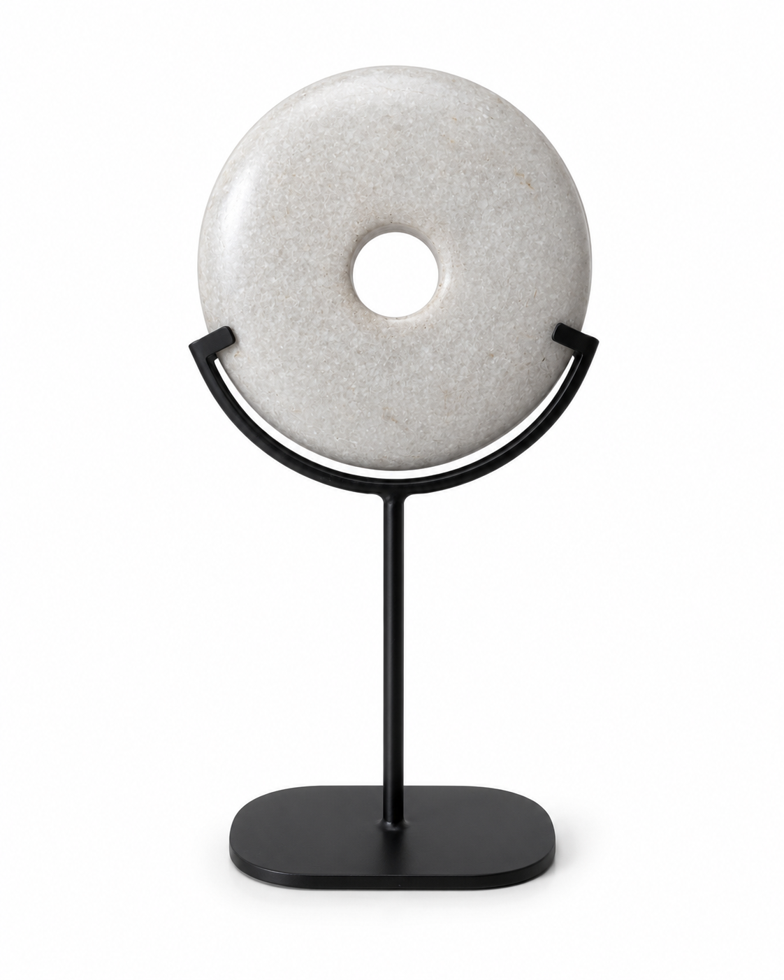 White Circular Disc Ornament On Black Stand