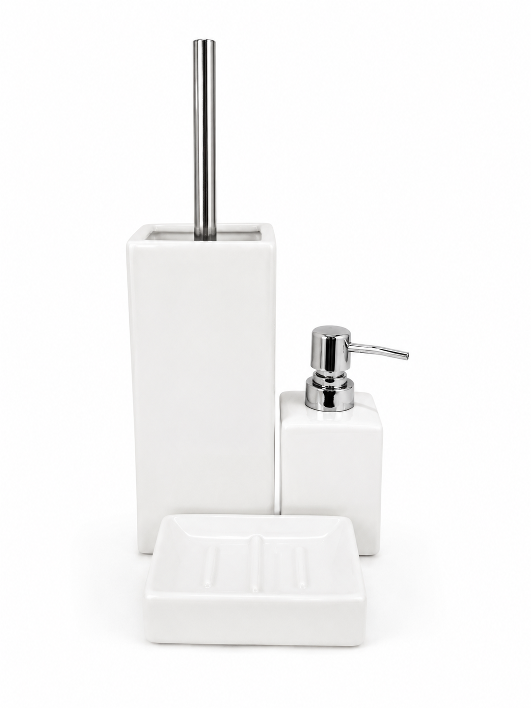 White ceramic 3-piece bathroom set with soap dispenser, soap dish and toilet brush holder