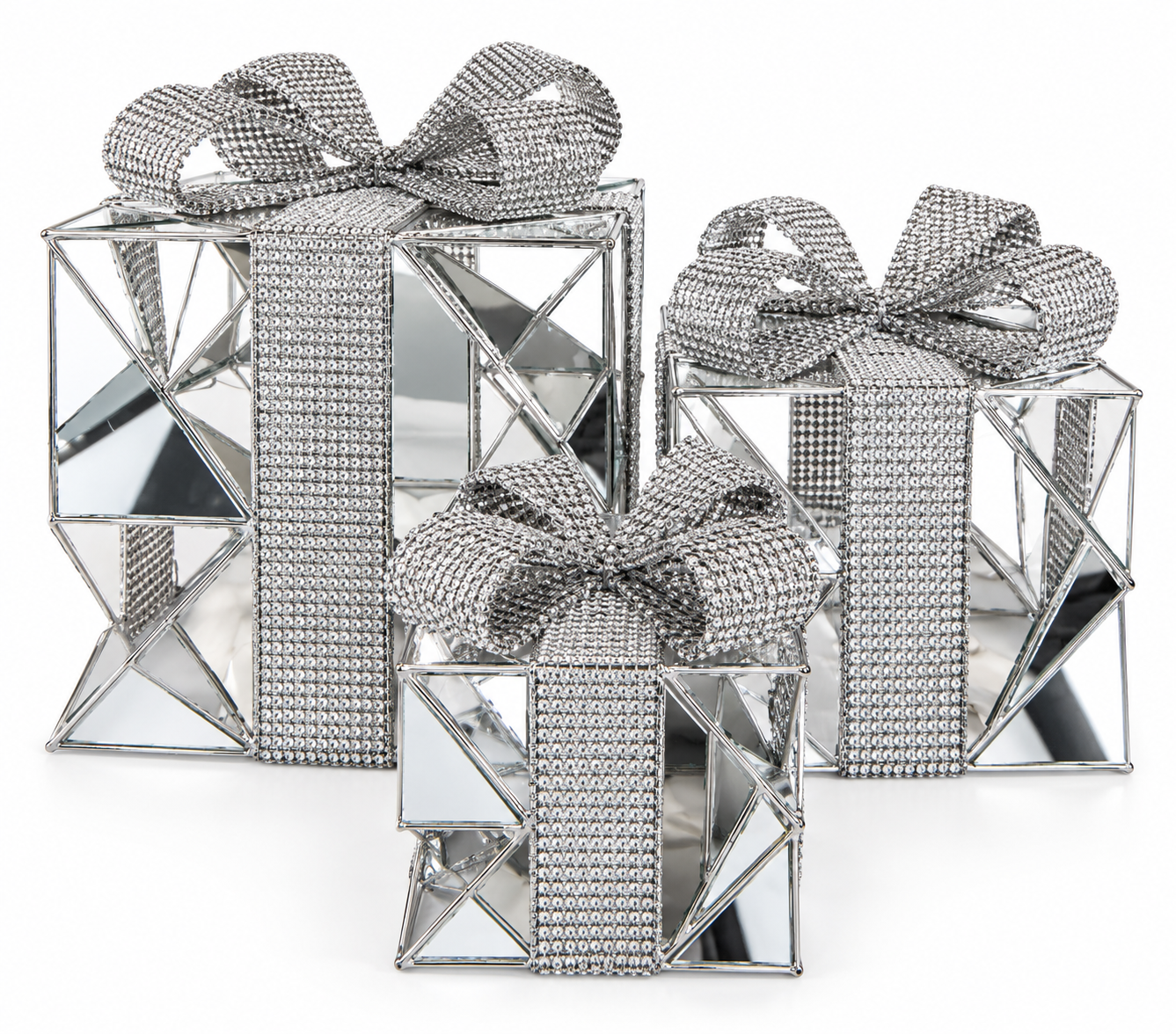 Set Of 3 Led Silver Mirrored Presents