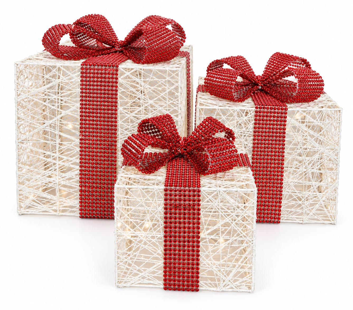 Set Of 3 Led Snow Mirrored Mirrored With Red Bow Presents